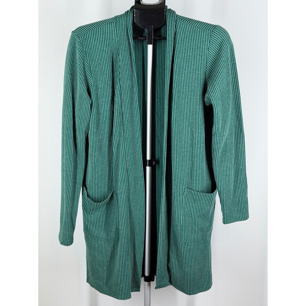 Blakeley Green Ribbed Knit Open Front Cardigan Duster Pockets OS Made in USA